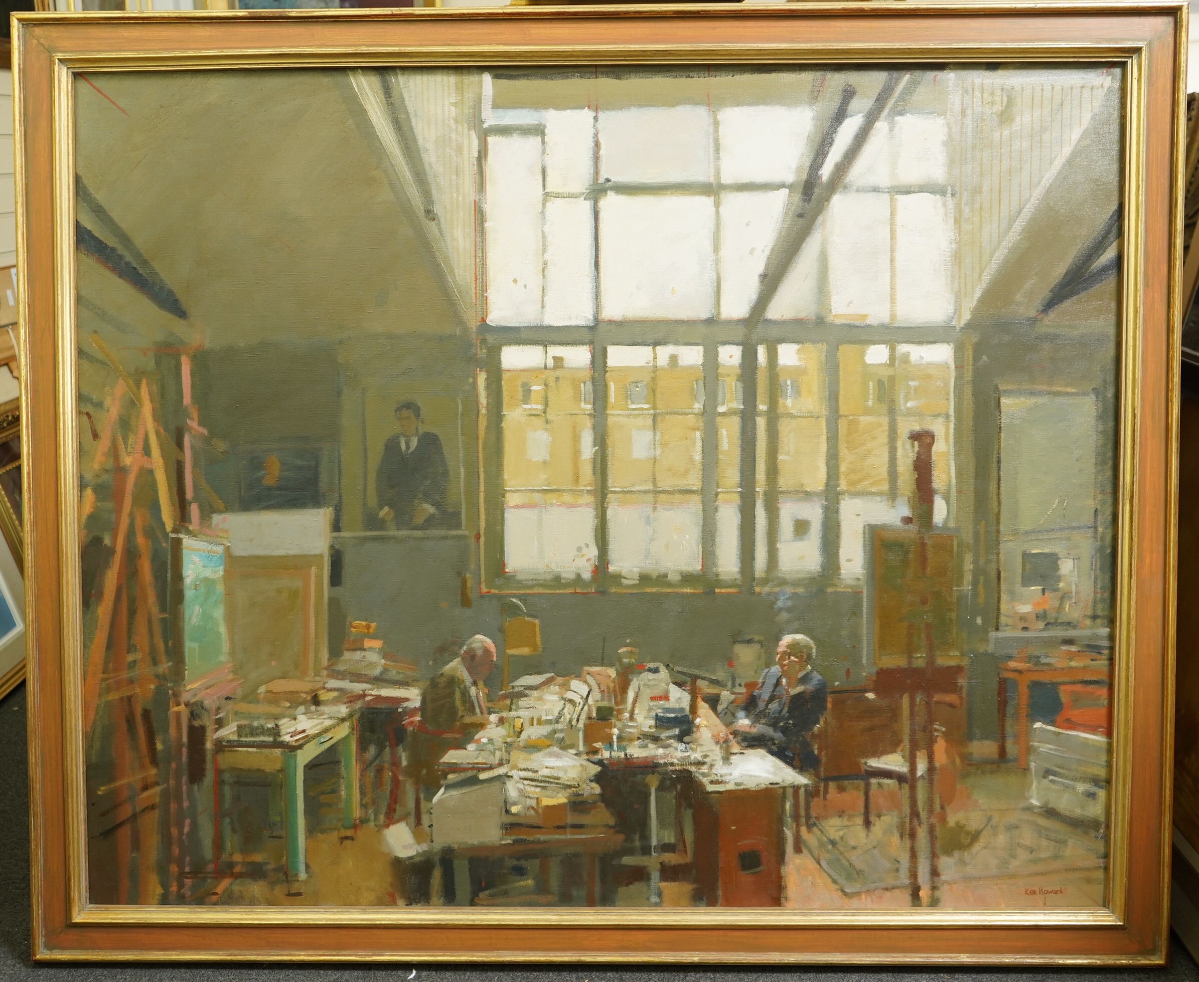 Ken Howard OBE, RA, RWS, RWA, ROI, PPNEAC (British, 1932-2022), 'Robert Buhler and Bill Michael at 3 Avenue Studios', oil on canvas, 112 x 137cm